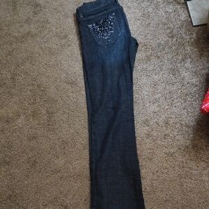 Express Dark Blue Bootcut Jeans with Embellished Back Pocket